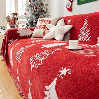 Chenille-Sofabezug mit Weihnachtsmotiv, festlich, rot, mit Baum- und Sternmotiv, als Weihnachtsdeko