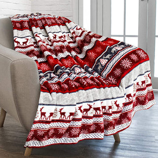 Kuschelige Weihnachtsdecke aus superweichem Rentierplüsch mit Schneeflocken und roten Akzenten
