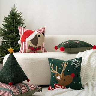 Weihnachtsstern-Kissen aus Kord mit Pompons, festliche Weihnachtsdekoration