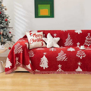 Chenille-Sofabezug mit Weihnachtsmotiv, festlich, rot, mit Baum- und Sternmotiv, als Weihnachtsdeko