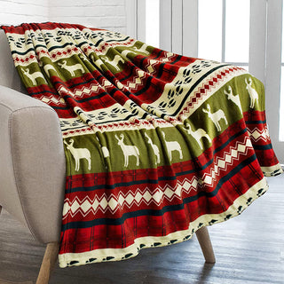 Kuschelige Weihnachtsdecke aus superweichem Rentierplüsch mit Schneeflocken und roten Akzenten